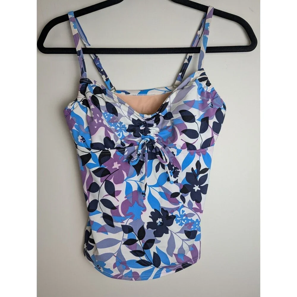 Lands End Tankini Women 6 Blue Purple Floral Drawstring Bow Bra Swim Top Resort